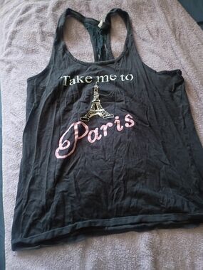 Black Racerback Tank Top with Pink Paris Script and Gold Eiffel Detail